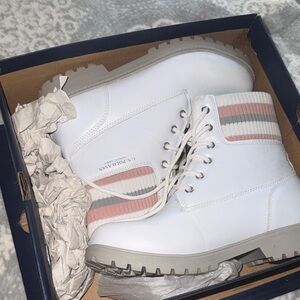 U.S. Polo Assn. White Boots with Pink and Gray Stripes